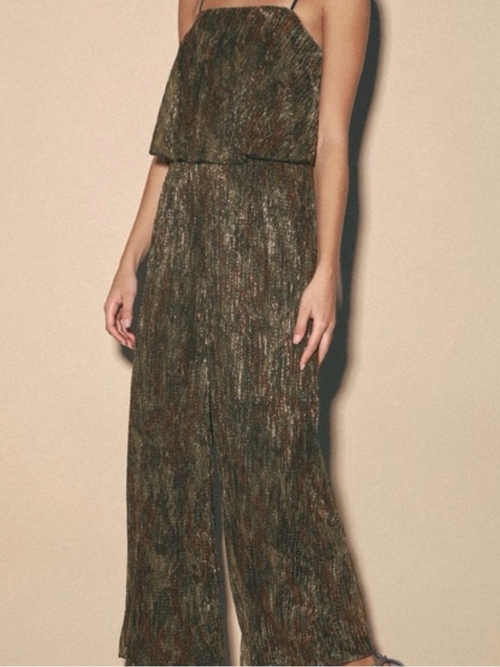 Lulu's Metallic Olive Green Strapless Wide-Leg Jumpsuit
